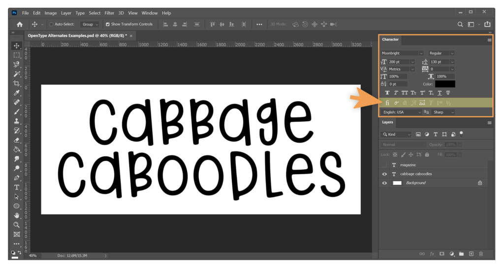 Cabbage Caboodles Highlighting Opentype Tools In Character Window